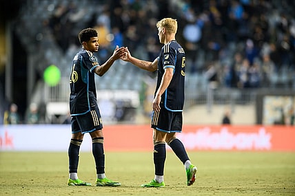 Mar 5, 2024; Chester, PA, USA; Philadelphia Union defenders Nathan Harriel (26) and Jakob Glesnes (5) shake hands after the game against C.F. Pachuca at Subaru Park. Mandatory Credit: Caean Couto-USA TODAY Sports
