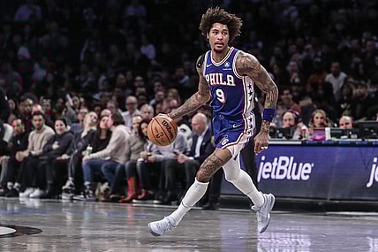 Mar 5, 2024; Brooklyn, New York, USA;  Philadelphia 76ers guard Kelly Oubre Jr. (9) brings the ball up court in the second quarter against the Brooklyn Nets at Barclays Center. Mandatory Credit: Wendell Cruz-USA TODAY Sports