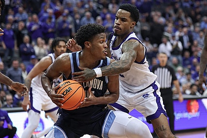 Mar 6, 2024; Newark, New Jersey, USA; Villanova Wildcats guard Jordan Longino (15) is guarded by Seton Hall Pirates guard Al-Amir Dawes (2) during the first half at Prudential Center. Mandatory Credit: Vincent Carchietta-USA TODAY Sports