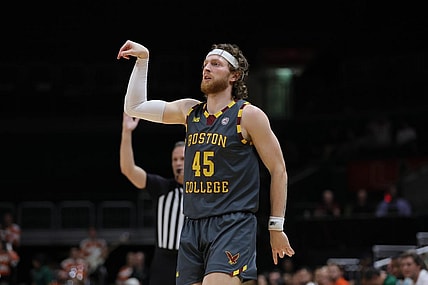 Mar 6, 2024; Coral Gables, Florida, USA; Boston College Eagles guard Mason Madsen (45) watches his shot against the Miami Hurricanes during the first half at Watsco Center. Mandatory Credit: Sam Navarro-USA TODAY Sports
