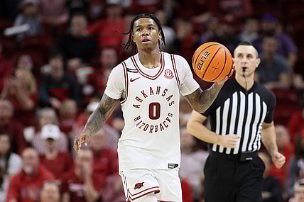 Mar 6, 2024; Fayetteville, Arkansas, USA; Arkansas Razorbacks guard Khalif Battle (0) during the second half against the LSU Tigers at Bud Walton Arena. Arkansas won 94-83. Mandatory Credit: Nelson Chenault-USA TODAY Sports