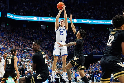 Mar 6, 2024; Lexington, Kentucky, USA; Kentucky Wildcats guard Reed Sheppard (15) shoots the ball during the second half against the Vanderbilt Commodores at Rupp Arena at Central Bank Center. Mandatory Credit: Jordan Prather-USA TODAY Sports
