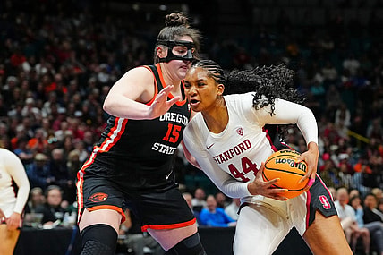 Mar 8, 2024; Las Vegas, NV, USA; Stanford Cardinal forward Kiki Iriafen (44) drives the lane against Oregon State Beavers forward Raegan Beers (15) during the fourth quarter at MGM Grand Garden Arena. Mandatory Credit: Stephen R. Sylvanie-USA TODAY Sports