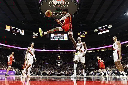Mar 8, 2024; Portland, Oregon, USA; Houston Rockets shooting guard Jalen Green (4) dunks the ball during the first half against the Portland Trail Blazers at Moda Center. Mandatory Credit: Soobum Im-USA TODAY Sports