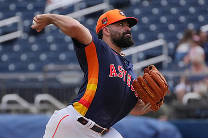 Mar 9, 2024; West Palm Beach, Florida, USA; Houston Astros starting pitcher Jose Urquidy (65) pitches in the first inning against the Washington Nationals at CACTI Park of the Palm Beaches. Mandatory Credit: Jim Rassol-USA TODAY Sports