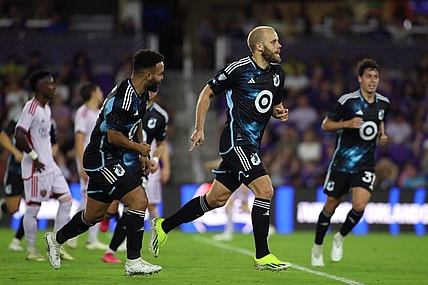 Mar 9, 2024; Orlando, Florida, USA; Minnesota United forward Teemu Pukki (22) celebrates with teammates after scoring a goal against Orlando City during the first half at Inter & Co Stadium. Mandatory Credit: Morgan Tencza-USA TODAY Sports