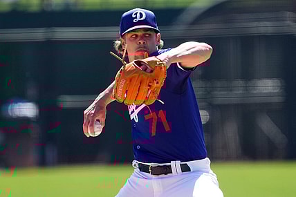 Mar 10, 2024; Phoenix, Arizona, USA; Los Angeles Dodgers starting pitcher Gavin Stone (71) pitches against the Arizona Diamondbacks during the first inning at Camelback Ranch-Glendale. Mandatory Credit: Joe Camporeale-USA TODAY Sports