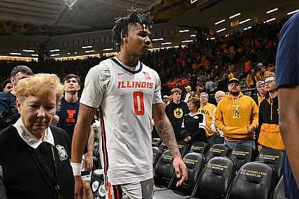 Mar 10, 2024; Iowa City, Iowa, USA; Illinois Fighting Illini guard Terrence Shannon Jr. (0) walks off the court after the game against the Iowa Hawkeyes at Carver-Hawkeye Arena. Mandatory Credit: Jeffrey Becker-USA TODAY Sports