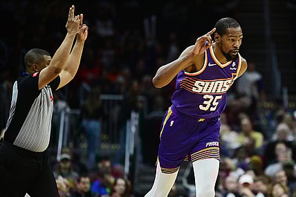 Mar 11, 2024; Cleveland, Ohio, USA; Phoenix Suns forward Kevin Durant (35) celebrates after hitting a three point basket during the second half against the Cleveland Cavaliers at Rocket Mortgage FieldHouse. Mandatory Credit: Ken Blaze-USA TODAY Sports
