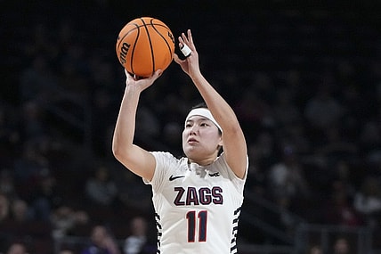 March 12, 2024; Las Vegas, NV, USA; Gonzaga Bulldogs guard Kayleigh Truong (11) shoots the basketball against the Portland Pilots during the second half in the finals of the WCC Basketball Championship at Orleans Arena. Mandatory Credit: Kyle Terada-USA TODAY Sports
