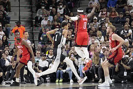 Mar 12, 2024; San Antonio, Texas, USA; San Antonio Spurs forward Victor Wembanyama (1) drives to the basket during the first half against the Houston Rockets at Frost Bank Center. Mandatory Credit: Scott Wachter-USA TODAY Sports