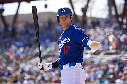 Mar 13, 2024; Phoenix, Arizona, USA; Los Angeles Dodgers designated hitter Shohei Ohtani against the Seattle Mariners during a spring training game at Camelback Ranch-Glendale. Mandatory Credit: Mark J. Rebilas-USA TODAY Sports