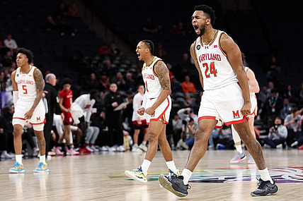 Mar 13, 2024; Minneapolis, MN, USA; Maryland Terrapins forward Donta Scott (24) celebrates his shot against the Rutgers Scarlet Knights during the first half at Target Center. Mandatory Credit: Matt Krohn-USA TODAY Sports