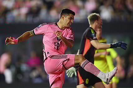 Mar 13, 2024; Fort Lauderdale, FL, USA; Inter Miami CF forward Luis Suarez (9) reacts against Nashville SC during the second half at Chase Stadium. Mandatory Credit: Sam Navarro-USA TODAY Sports