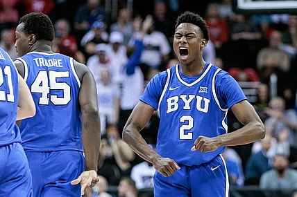 Mar 14, 2024; Kansas City, MO, USA; Brigham Young Cougars guard Jaxson Robinson (2) reacts to a play during the second half against the Texas Tech Red Raiders at T-Mobile Center. Mandatory Credit: William Purnell-USA TODAY Sports
