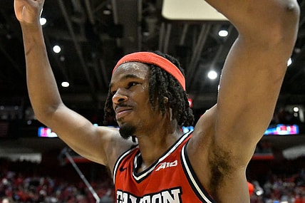 Mar 8, 2024; Dayton, Ohio, USA;  Dayton Flyers forward DaRon Holmes II (15) celebrates after defeating the Virginia Commonwealth Rams in overtime at University of Dayton Arena. Mandatory Credit: Matt Lunsford-USA TODAY Sports