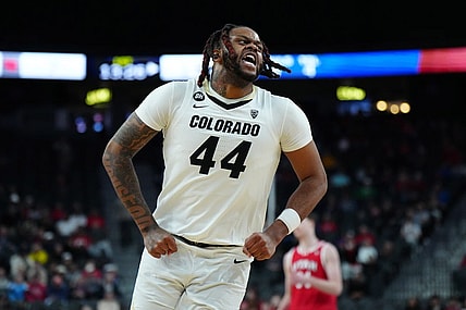 Mar 14, 2024; Las Vegas, NV, USA; Colorado Buffaloes center Eddie Lampkin Jr. (44) celebrates in the first half against the Utah Utes at T-Mobile Arena. Mandatory Credit: Kirby Lee-USA TODAY Sports