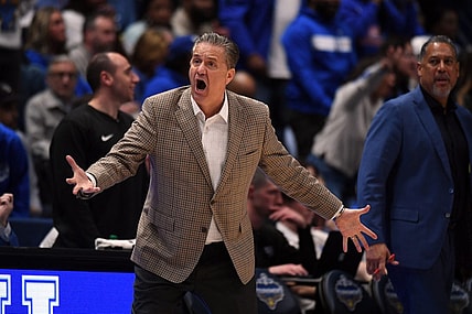 Mar 15, 2024; Nashville, TN, USA; Kentucky Wildcats head coach John Calipari reacts on the sideline during the second half against the Texas A&M Aggies at Bridgestone Arena. Mandatory Credit: Christopher Hanewinckel-USA TODAY Sports