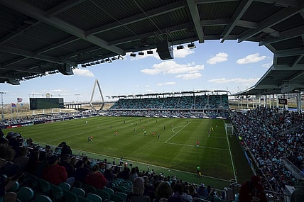 Mar 16, 2024; Kansas City, Missouri, USA; A general view of the pitch between the Portland Thorns FC and Kansas City Current in the second half at CPKC Stadium. Mandatory Credit: Jay Biggerstaff-USA TODAY Sports