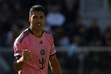 Mar 16, 2024; Washington, District of Columbia, USA; Inter Miami CF forward Luis Suarez (9) celebrates scoring a goal against D.C. United during the second half at Audi Field. Mandatory Credit: Geoff Burke-USA TODAY Sports