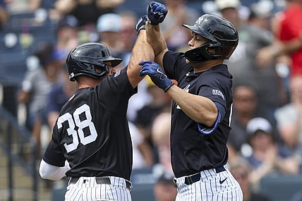 Mar 16, 2024; Tampa, Florida, USA;  New York Yankees right fielder Giancarlo Stanton (27) is congratulated by catcher Ben Rorvedt (38) after hitting a two run home run at George M. Steinbrenner Field. Mandatory Credit: Nathan Ray Seebeck-USA TODAY Sports