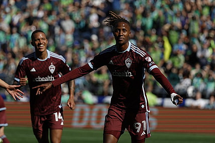 Mar 16, 2024; Seattle, Washington, USA; Colorado Rapids forward Kevin Cabral (91) celebrates scoring against Seattle Sounders FC during the second half against Seattle Sounders FC at Lumen Field. Mandatory Credit: Joe Nicholson-USA TODAY Sports