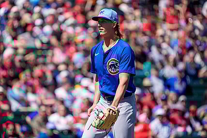 Mar 16, 2024; Tempe, Arizona, USA; Chicago Cubs pitcher Ben Brown (86) on the mound in the first during a spring training game against the Los Angeles Angels at Tempe Diablo Stadium. Mandatory Credit: Allan Henry-USA TODAY Sports
