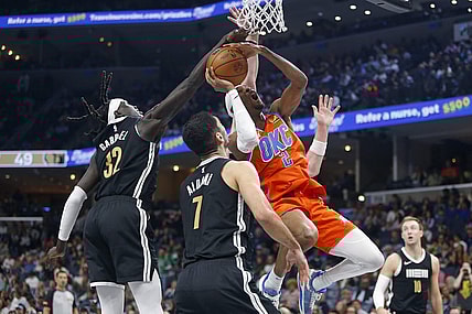 Mar 16, 2024; Memphis, Tennessee, USA; Oklahoma City Thunder guard Shai Gilgeous-Alexander (2) shoots as Memphis Grizzlies forward Wenyen Gabriel (32) defends during the first half at FedExForum. Mandatory Credit: Petre Thomas-USA TODAY Sports