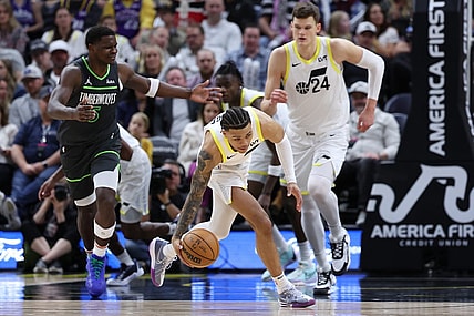 Mar 16, 2024; Salt Lake City, Utah, USA; Utah Jazz guard Keyonte George (3) picks up a loose ball against the Minnesota Timberwolves during the second quarter at Delta Center. Mandatory Credit: Rob Gray-USA TODAY Sports