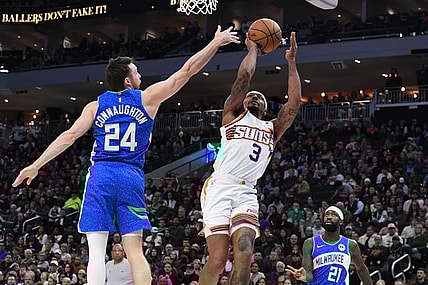 Mar 17, 2024; Milwaukee, Wisconsin, USA; Phoenix Suns guard Bradley Beal (3) drives to the basket against Milwaukee Bucks guard Pat Connaughton (24) in the second half at Fiserv Forum. Mandatory Credit: Michael McLoone-USA TODAY Sports