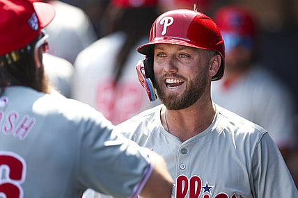 Mar 18, 2024; Tampa, Florida, USA;  Philadelphia Phillies second baseman Kody Clemens (2) celebrates after hitting a home run against the New York Yankees in the seventh inning at George M. Steinbrenner Field. Mandatory Credit: Nathan Ray Seebeck-USA TODAY Sports