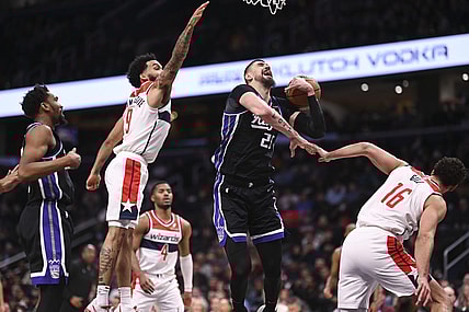 Mar 21, 2024; Washington, District of Columbia, USA;  a21 reacts after being fouled by Washington Wizards forward Anthony Gill (16) during the first half at Capital One Arena. Mandatory Credit: Tommy Gilligan-USA TODAY Sports