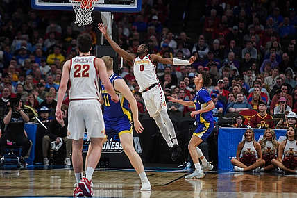 Iowa State Cyclones forward Tre King (0) jumps for the lay up during the second half on Thursday, March 21, 2024 at the CHI Health Center in Omaha, Nebraska.
