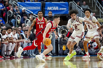 Mar 21, 2024; Pittsburgh, PA, USA; North Carolina State Wolfpack guard Michael O'Connell handles the ball during the first half in the first round of the 2024 NCAA Tournament at PPG Paints Arena. Mandatory Credit: Gregory Fisher-USA TODAY Sports