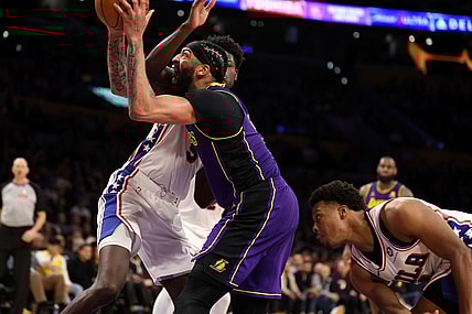 Mar 22, 2024; Los Angeles, California, USA;  Los Angeles Lakers forward Anthony Davis (3) goes to the basket against Philadelphia 76ers center Mo Bamba (5) during the fourth quarter at Crypto.com Arena. Mandatory Credit: Kiyoshi Mio-USA TODAY Sports