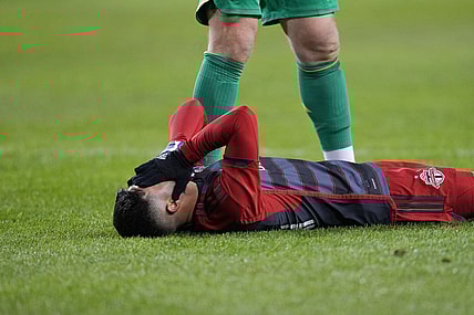Mar 23, 2024; Toronto, Ontario, USA; Toronto FC forward Lorenzo Insigne (24) injury against Atlanta United at BMO Field. Mandatory Credit: Nick Turchiaro-USA TODAY Sports