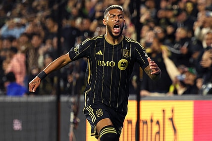 Mar 23, 2024; Los Angeles, California, USA; LAFC forward Denis Bouanga (99) celebrates his goal against Nashville SC during the first half at BMO Stadium. Mandatory Credit: Kiyoshi Mio-USA TODAY Sports
