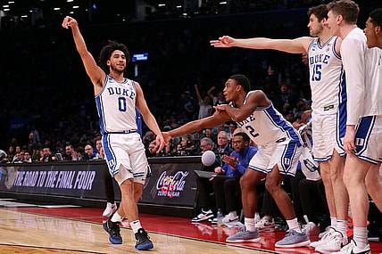 Mar 24, 2024; Brooklyn, NY, USA; Duke Blue Devils guard Jared McCain (0) reacts against the James Madison Dukes in the second round of the 2024 NCAA Tournament  at Barclays Center. Mandatory Credit: Brad Penner-USA TODAY Sports