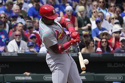 Mar 26, 2024; Mesa, Arizona, USA; St. Louis Cardinals right fielder Jordan Walker (18) hits against the Chicago Cubs in the first inning at Sloan Park. Mandatory Credit: Rick Scuteri-USA TODAY Sports