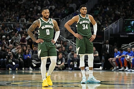 Mar 24, 2024; Milwaukee, Wisconsin, USA;  Milwaukee Bucks forward Giannis Antetokounmpo (34) and guard Damian Lillard (0) during the game against the Oklahoma City Thunder at Fiserv Forum. Mandatory Credit: Jeff Hanisch-USA TODAY Sports