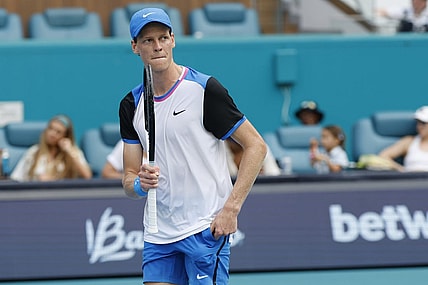 Mar 27, 2024; Miami Gardens, FL, USA; Jannik Sinner (ITA) celebrates after match point against Tomas Machac (CZE) (not pictured) on day ten of the Miami Open at Hard Rock Stadium. Mandatory Credit: Geoff Burke-USA TODAY Sports
