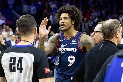 Mar 27, 2024; Philadelphia, Pennsylvania, USA; Philadelphia 76ers guard Kelly Oubre Jr. (9) and head coach Nick Nurse argue with referee Kevin Scott (24) after a loss to the LA Clippers at Wells Fargo Center. Mandatory Credit: Bill Streicher-USA TODAY Sports