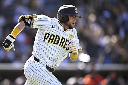 Mar 28, 2024; San Diego, California, USA; San Diego Padres first baseman Jake Cronenworth (9) watches his two-RBI double against the San Francisco Giants during the seventh inning at Petco Park. Mandatory Credit: Orlando Ramirez-USA TODAY Sports
