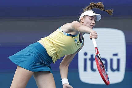 Mar 28, 2024; Miami Gardens, FL, USA; Elena Rybakina(KAZ) serves against Victoria Azarenka (not pictured) on day eleven of the Miami Open at Hard Rock Stadium. Mandatory Credit: Geoff Burke-USA TODAY Sports