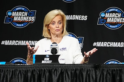 Mar 28, 2024; Albany, NY, USA; LSU Tigers head Ccoach Kim Mulkey answers questions during the press conference prior to their NCAA Tournament Sweet 16 game at MVP Arena. Mandatory Credit: Gregory Fisher-USA TODAY Sports