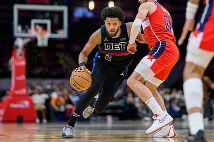 Mar 29, 2024; Washington, District of Columbia, USA; Detroit Pistons guard Cade Cunningham (2) drives to the basket against Washington Wizards forward Corey Kispert (24) during the third quarter at Capital One Arena. Mandatory Credit: Reggie Hildred-USA TODAY Sports