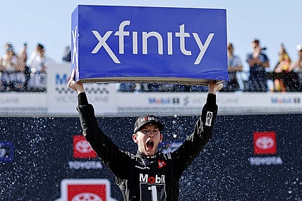 Mar 30, 2024; Richmond, Virginia, USA; Xfinity Series driver Chandler Smith (81) celebrates after winning the ToyotaCare 250 at Richmond Raceway. Mandatory Credit: Peter Casey-USA TODAY Sports