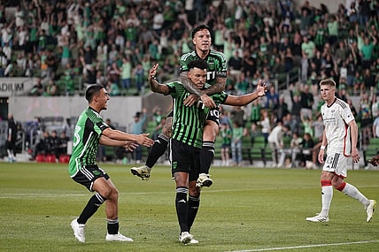 Mar 30, 2024; Austin, Texas, USA; Austin FC defender Julio Cascante (18) celebrates a goal in the second half against FC Dallas at Q2 Stadium. Mandatory Credit: Scott Wachter-USA TODAY Sports
