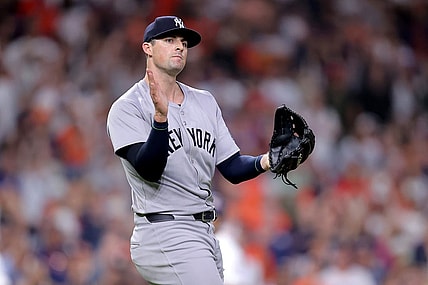 Mar 30, 2024; Houston, Texas, USA; New York Yankees relief pitcher Clay Holmes (35) reacts after the final out against the Houston Astros during the ninth inning at Minute Maid Park. Mandatory Credit: Erik Williams-USA TODAY Sports