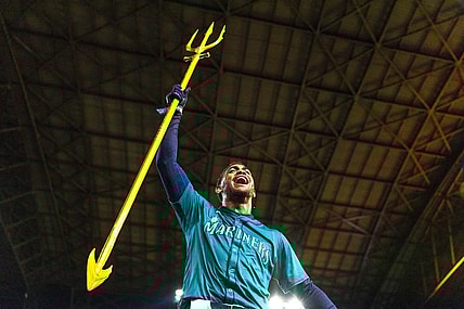 Mar 30, 2024; Seattle, Washington, USA; Seattle Mariners center fielder Julio Rodriguez (44) celebrates after hitting a walk-off RBI-single against the Boston Red Sox during the tenth inning at T-Mobile Park. Mandatory Credit: Joe Nicholson-USA TODAY Sports